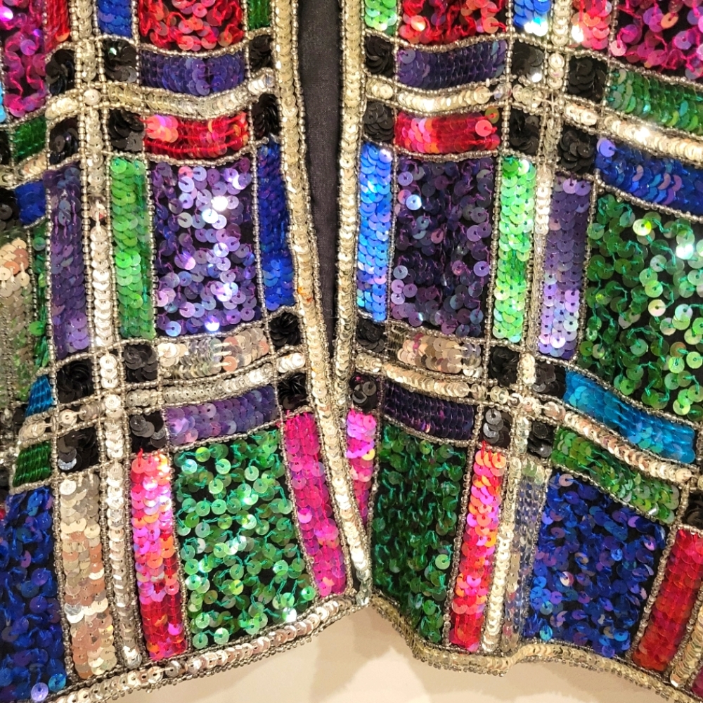 VINTAGE 80'S LESLIE FAY RAINBOW SEQUIN EVENING JACKET SIZE LARGE PETITE - Picture 10 of 16